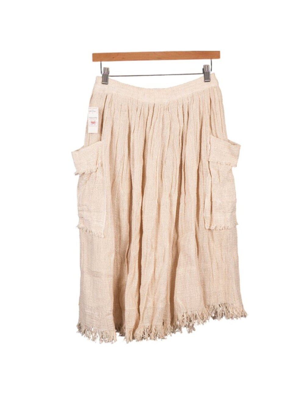 VTG Rattan Skirt 7 Beige Cotton Mesh Pockets Fringe Boho Indie Earthy Peasant - Picture 6 of 7